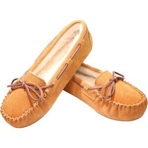Women's Tan Leather Faux Fur Pile Lined lace Up Cozy Bow Warm Slippers Shoes